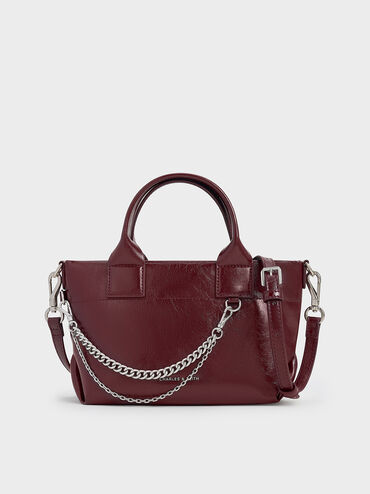 Atwood Crinkle-Effect Chain-Embellished Tote Bag, Burgundy, hi-res
