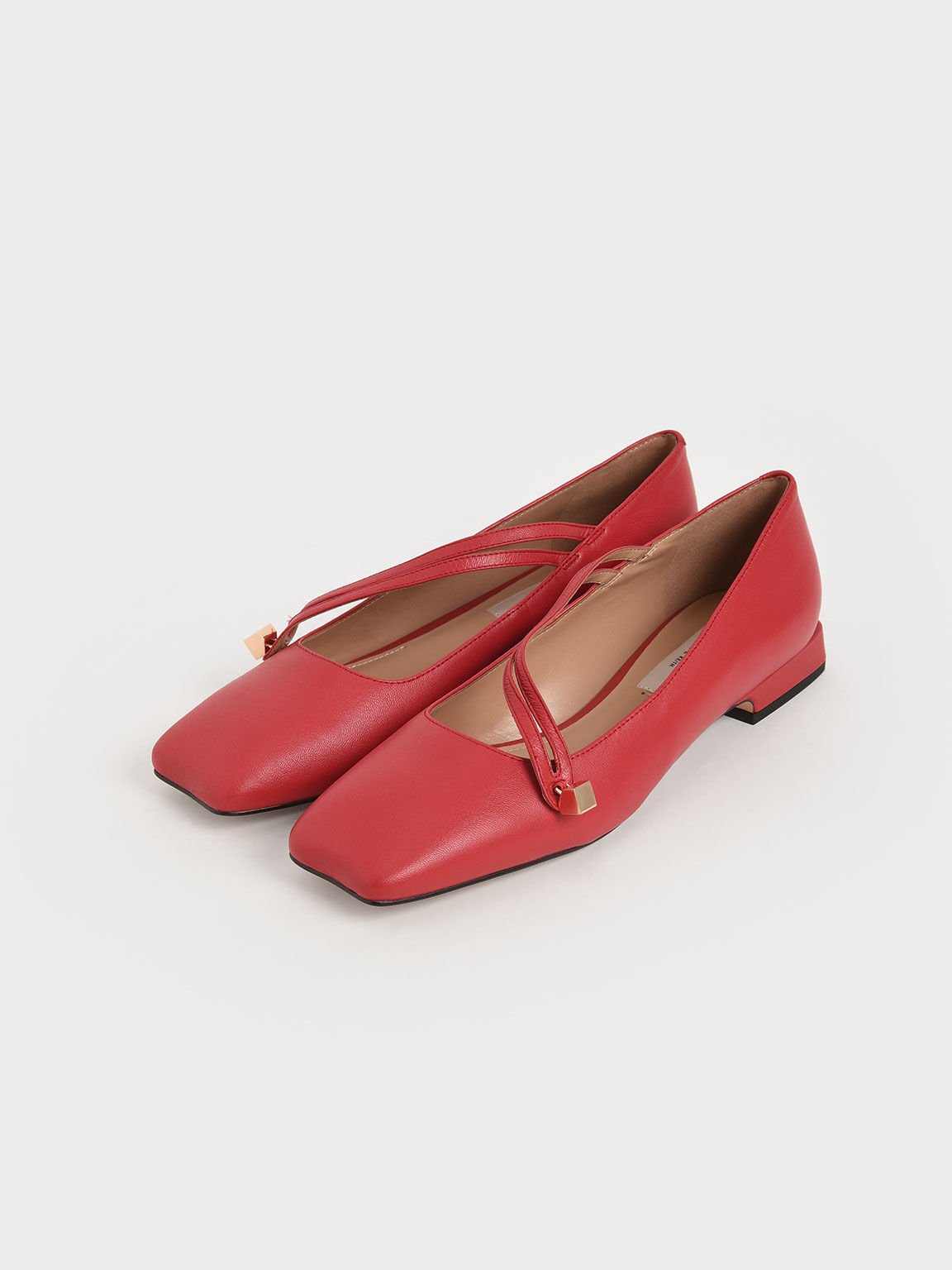 Leather Asymmetric Strap Ballerina Flats, Red, hi-res
