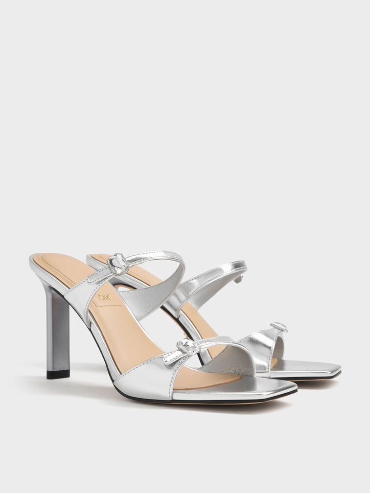 Metallic Leather Gem-Buckle Double-Strap Heeled Sandals, Silver, hi-res