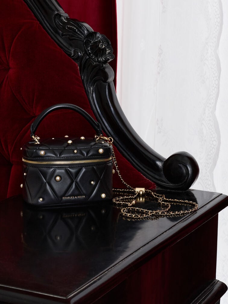 Arwen Quilted Pearl-Embellished Top Handle Vanity Bag, Noir, hi-res