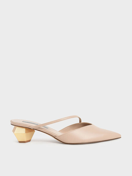 Asymmetric Strap Chrome Heel Mules, Light Pink, hi-res