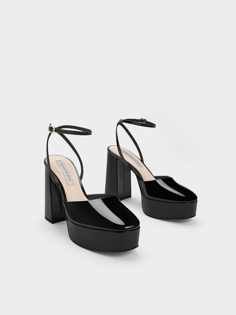 Tacones de charol con plataforma y correa al tobillo, Charol negro, hi-res