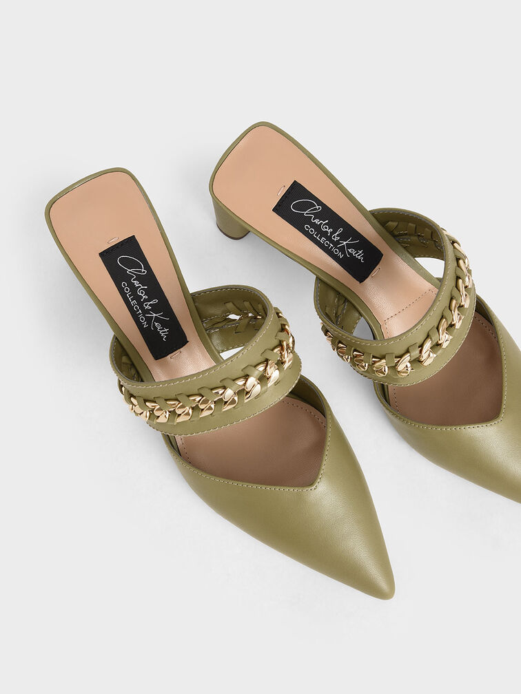 Leather Chain-Link Mules, Military Green, hi-res
