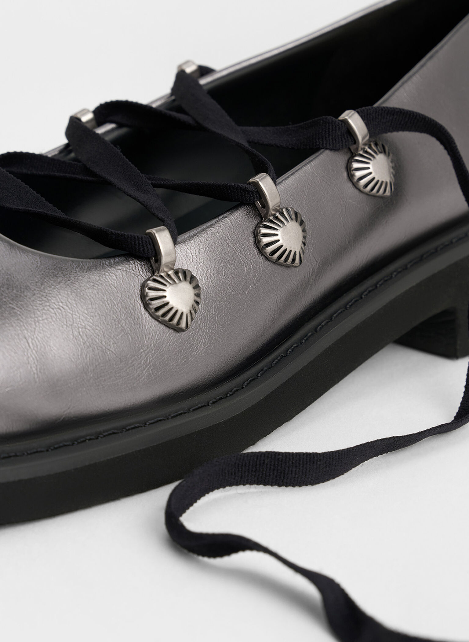 Metallic Heart-Embellished Lace-Up Ballet Flats, Pewter, hi-res