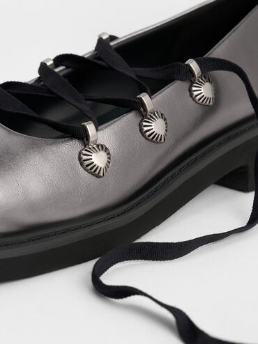 Metallic Heart-Embellished Lace-Up Ballet Flats, Pewter, hi-res