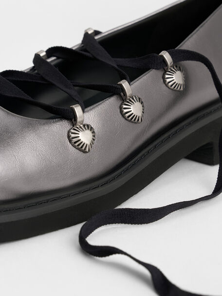 Metallic Heart-Embellished Lace-Up Ballet Flats, Pewter, hi-res