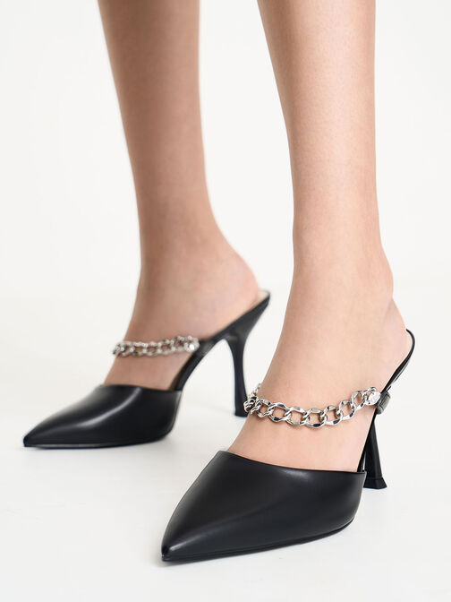 Chain-Link Strap Heeled Mules, Black, hi-res