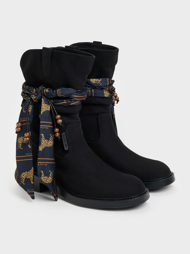 Faux Suede Printed-Scarf Calf Boots, Black Textured, hi-res