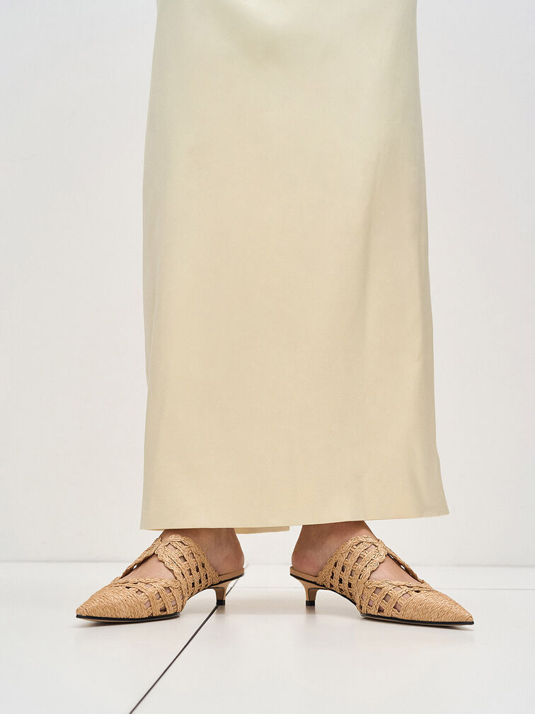 Raffia Kitten-Heel Pointed-Toe Mules, Sand, hi-res