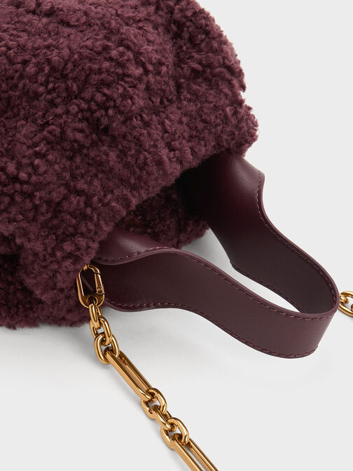 Ally Furry Slouchy Chain-Handle Bag, Burgundy, hi-res