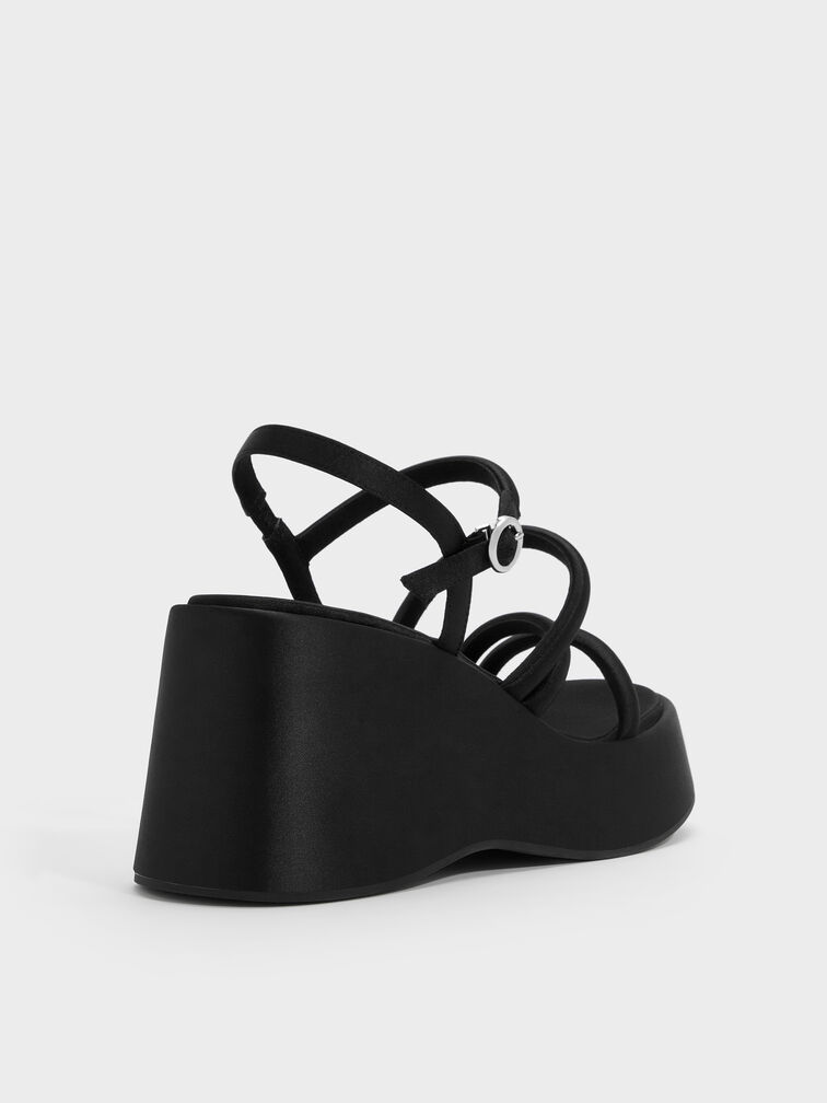 Lindon Satin Strappy Platform Wedges, Black Textured, hi-res