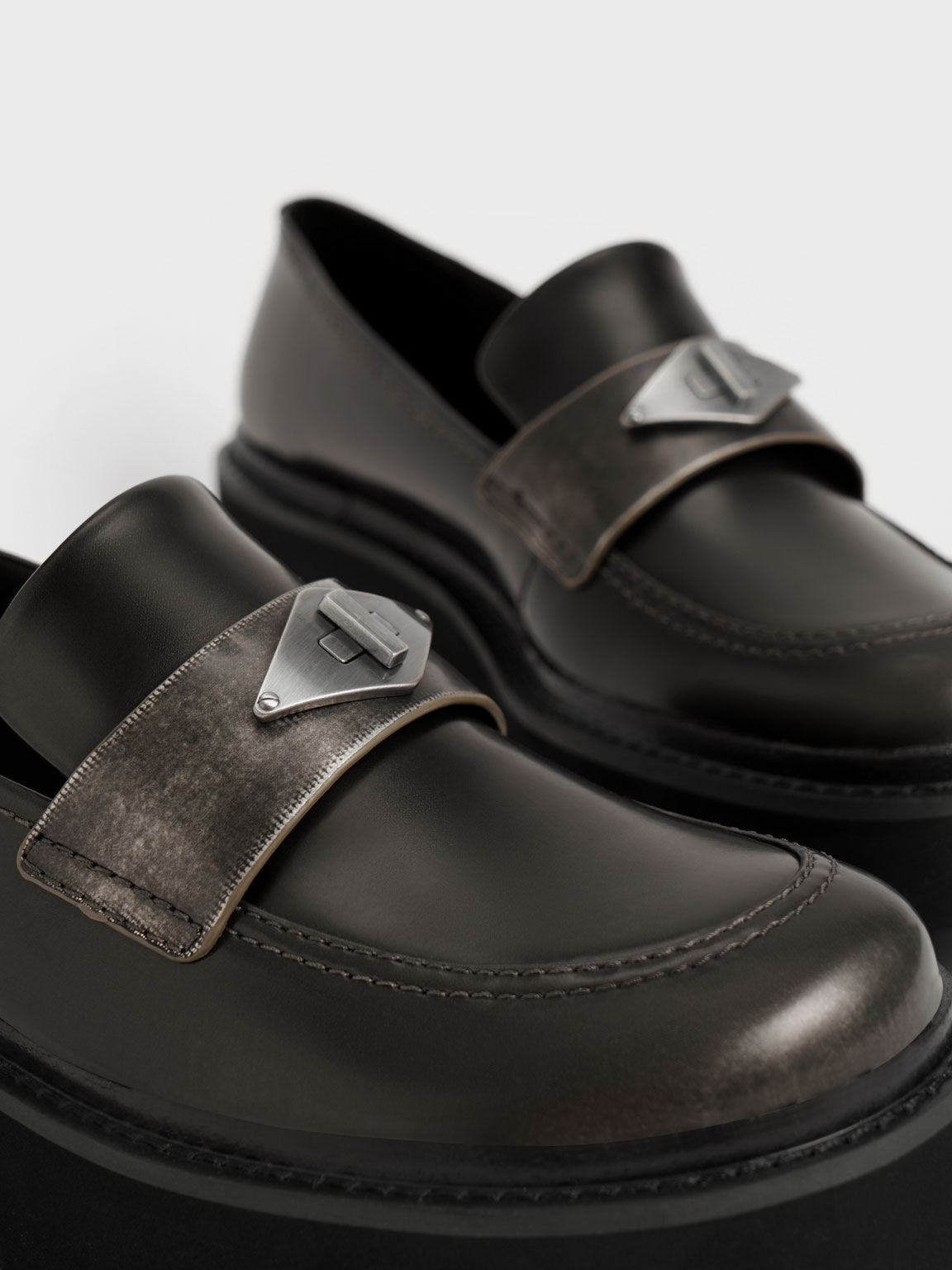 Metallic Accent Chunky Platform Penny Loafers, Black Textured, hi-res