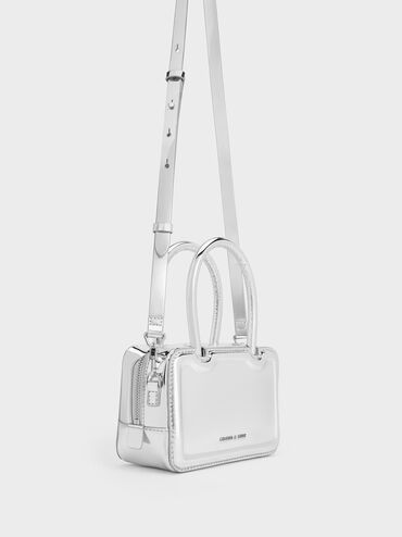 Perline Metallic Elongated Top Handle Bag, Silver, hi-res