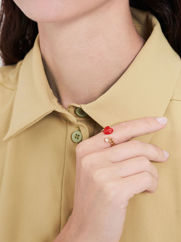 Heart Embellished Chain-Link Ring, Red, hi-res