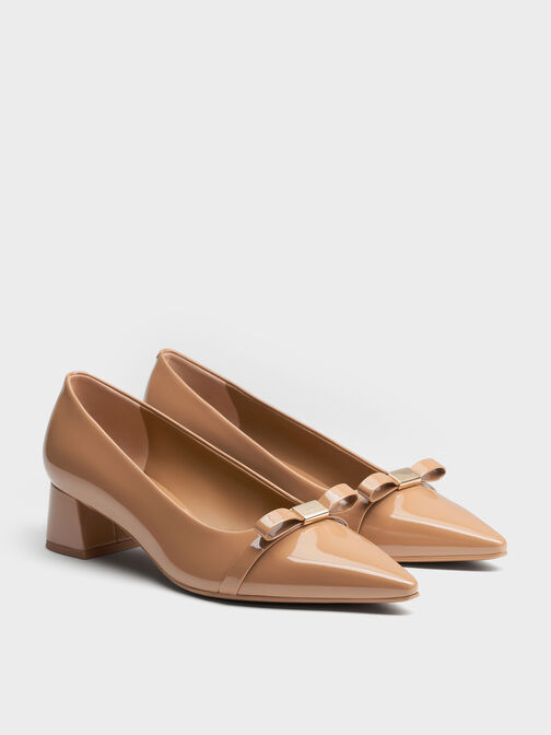 Dorian Patent Bow Pointed-Toe Block-Heel Pumps, Caramel, hi-res