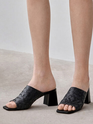 Woven Square-Toe Heeled Mules, Black, hi-res