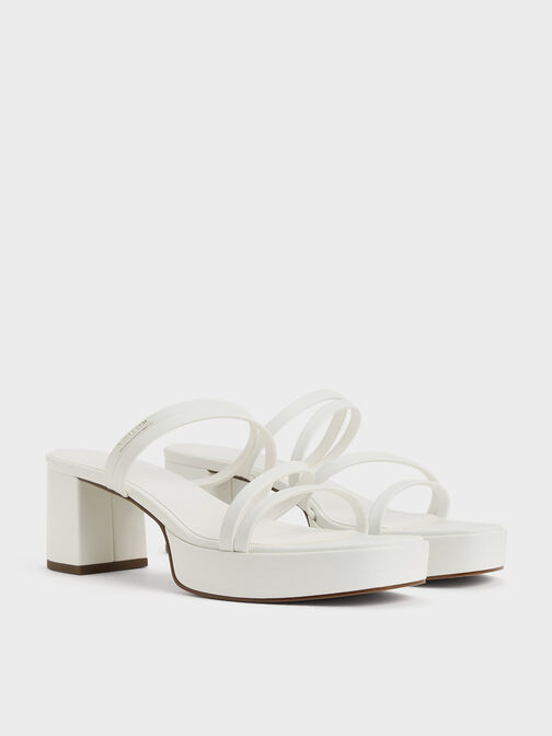 Strappy Trapeze-Heel Mules, White, hi-res