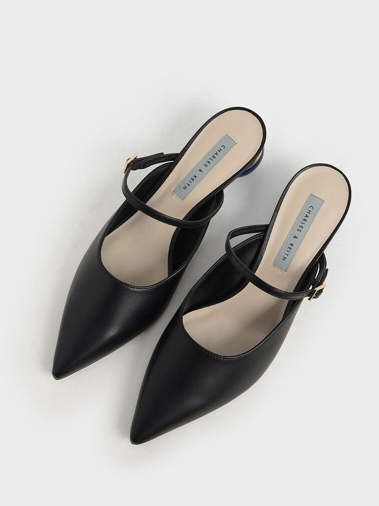 Sculptural Heel Pointed Toe Mules, Black, hi-res