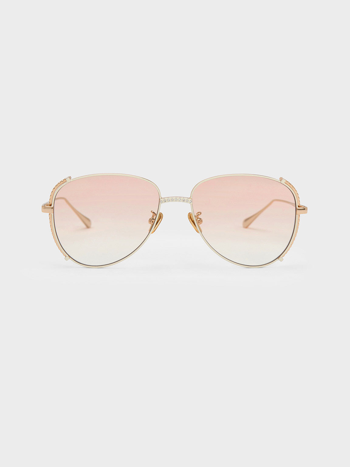 Gem-Embellished Wireframe Aviator Sunglasses, Cream, hi-res