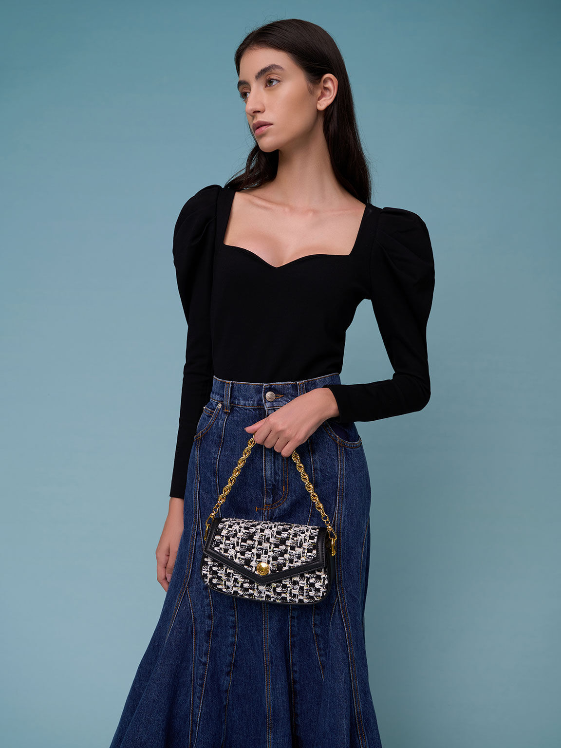 Este Tweed Chain Handle Bag - Black