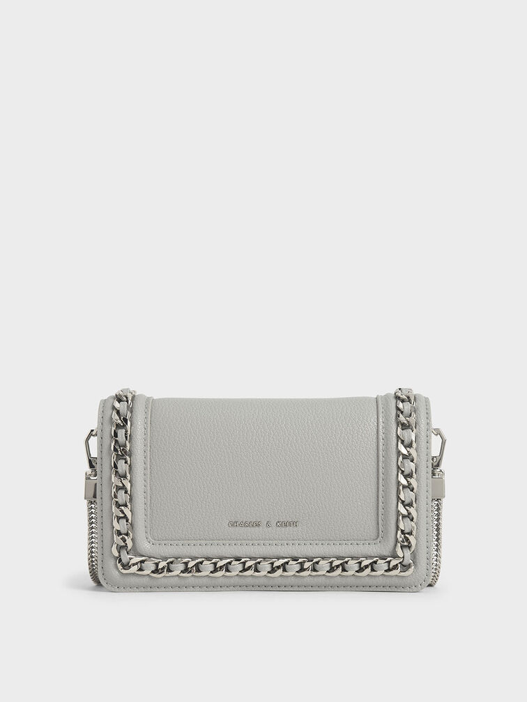 Chain-Trimmed Clutch, Grey, hi-res