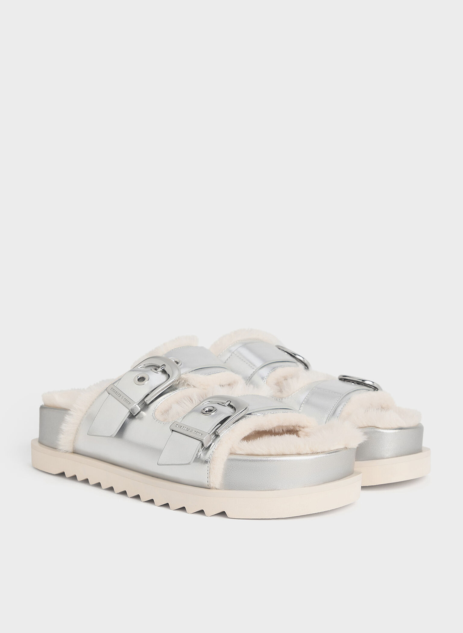 Hannah Metallic Furry Buckled Double-Strap Sandals, Silver, hi-res