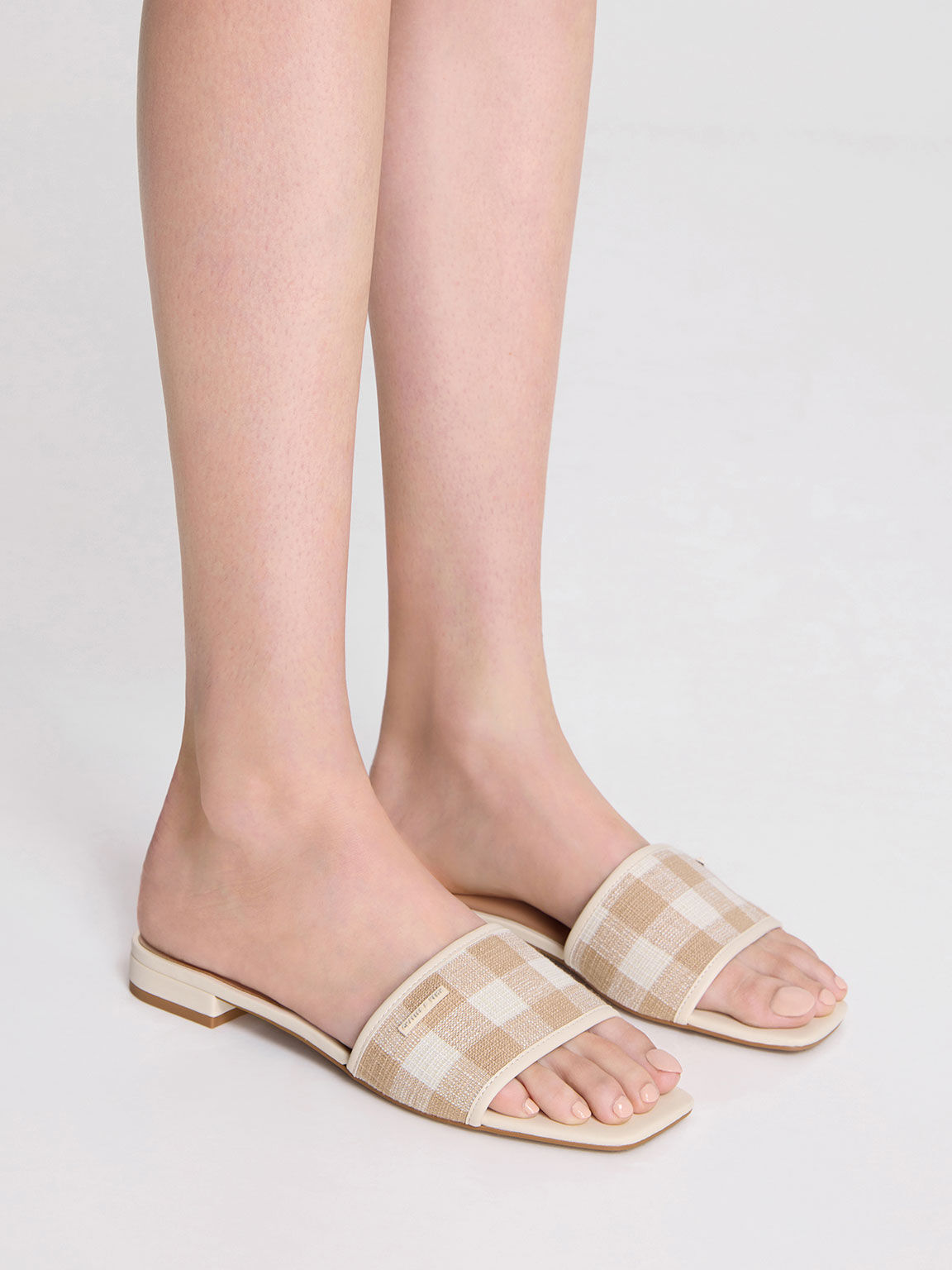 Woven Gingham Flat Sandals, Sand, hi-res