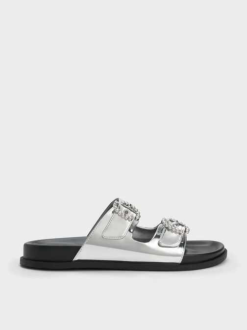 Embellished Buckle Metallic Sandals, Silver, hi-res
