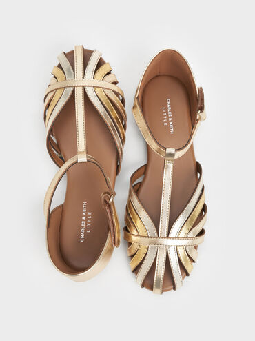 Girls' Metallic Caged T-Bar Sandals, Gold, hi-res