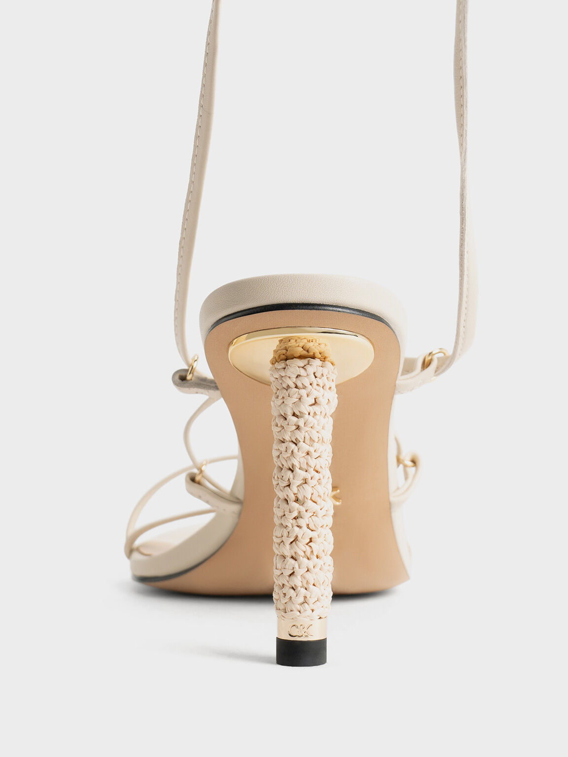 Charles Keith Strappy Woven Heel Tie Around Sandals Beige US 8
