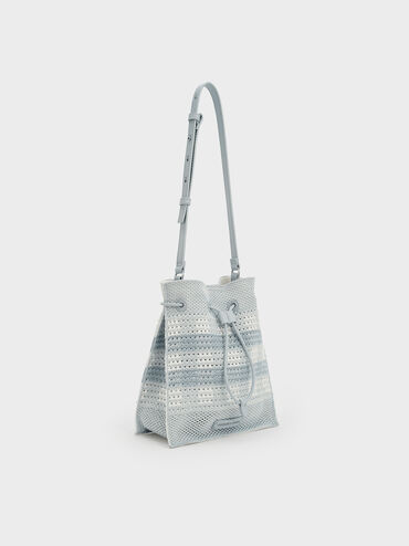 Ida Checkered Knitted Bucket Bag, Sea Salt Blue, hi-res