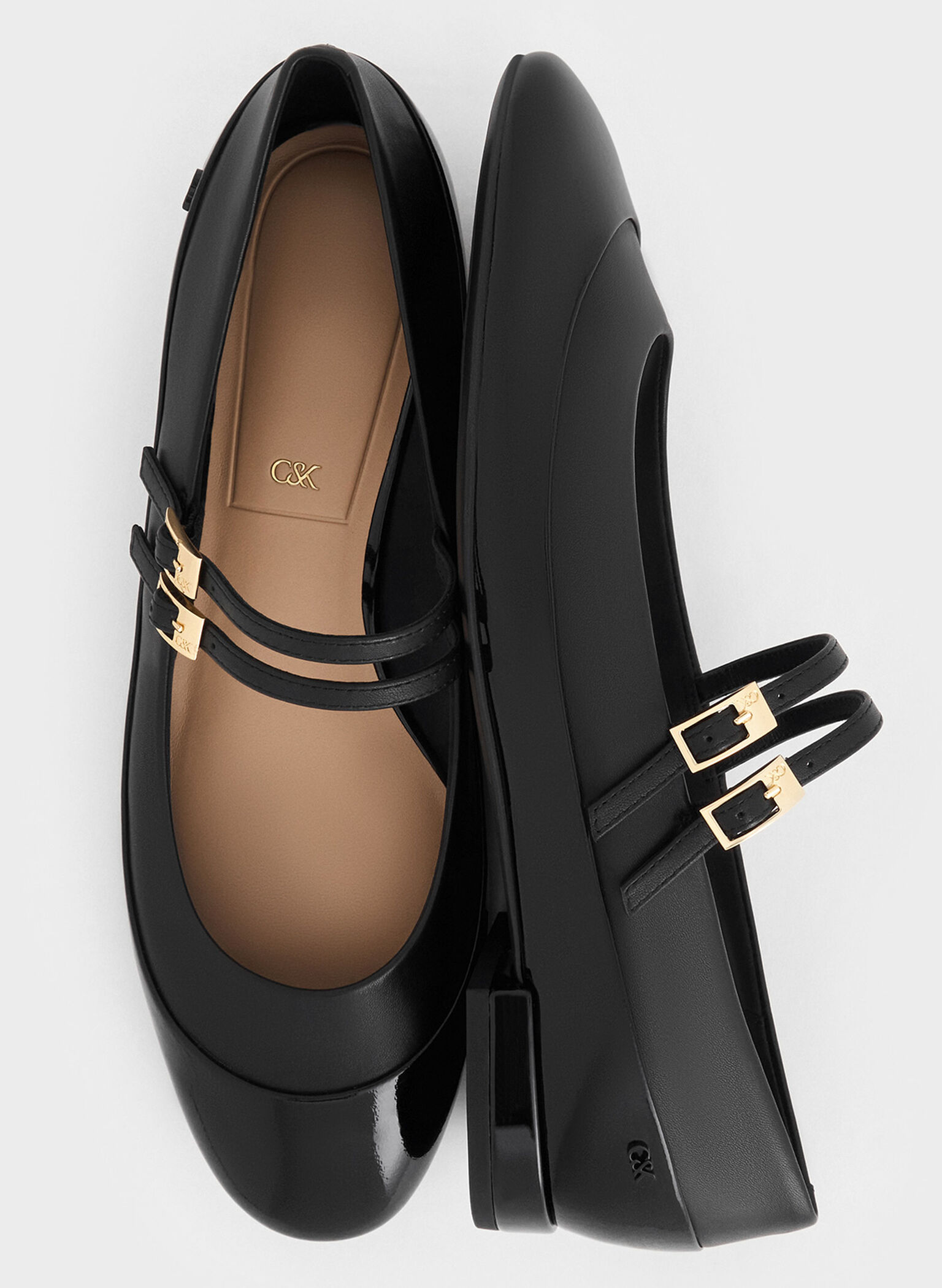 Leather & Patent Double-Strap Mary Jane Flats, Black, hi-res