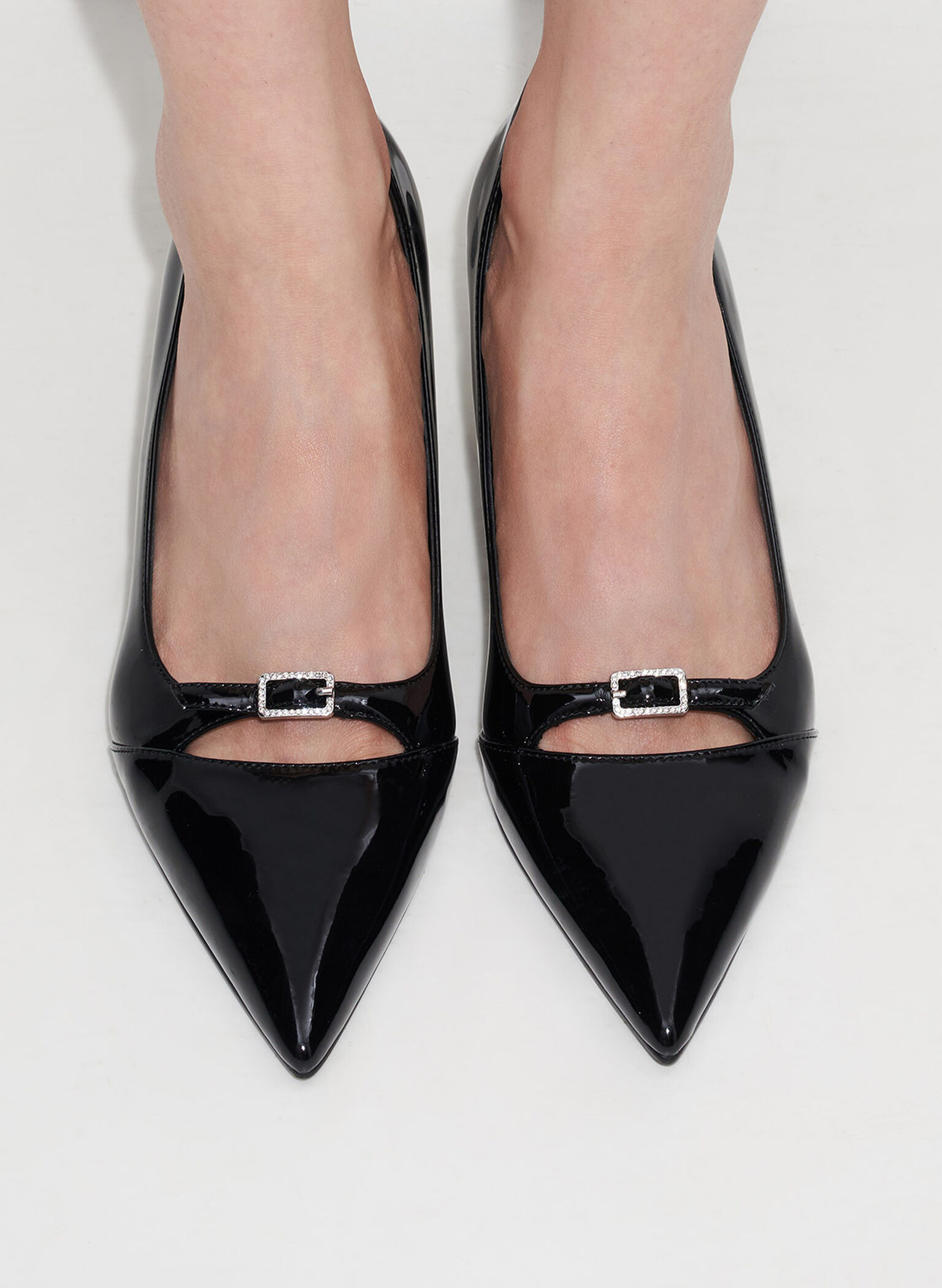 Patent Buckle-Strap Pointed-Toe Pumps, Black Patent, hi-res