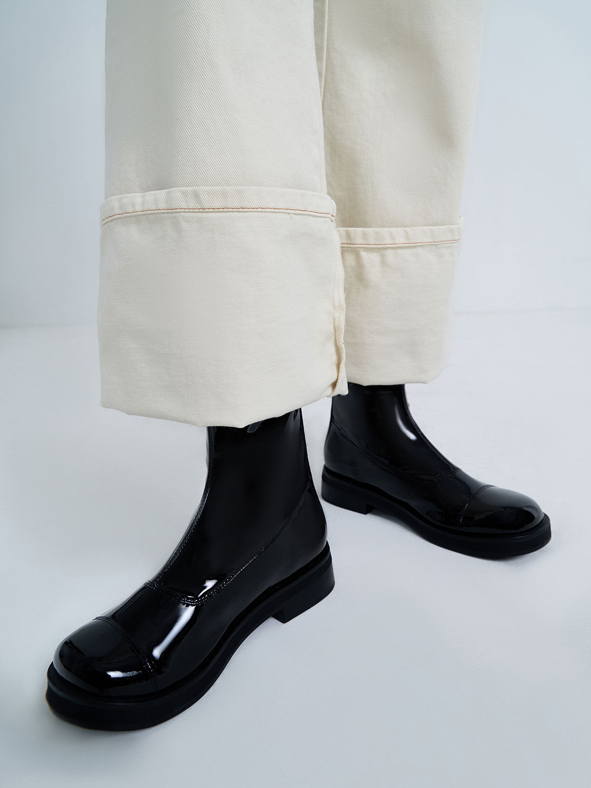 Patent Round Toe Zip-Up Ankle Boots, Black Textured, hi-res
