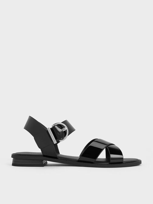 Patent Crossover Strap Sandals, Black Patent, hi-res