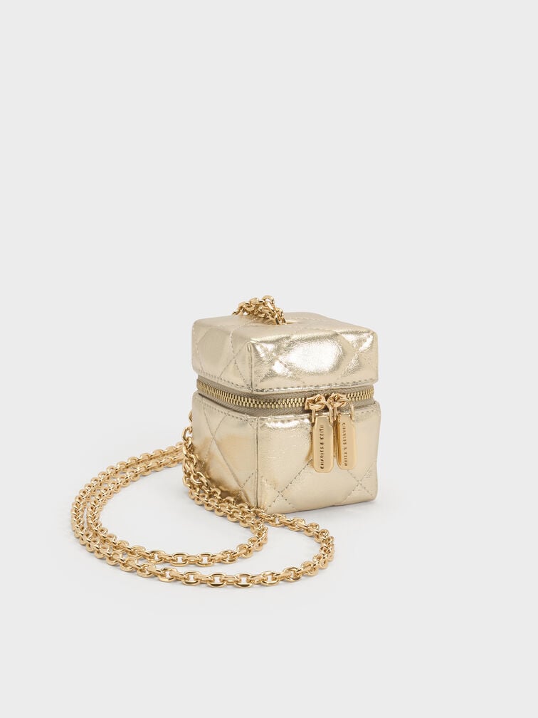 Micro Janie Metallic Quilted Chain-Handle Boxy Pouch, Champagne, hi-res