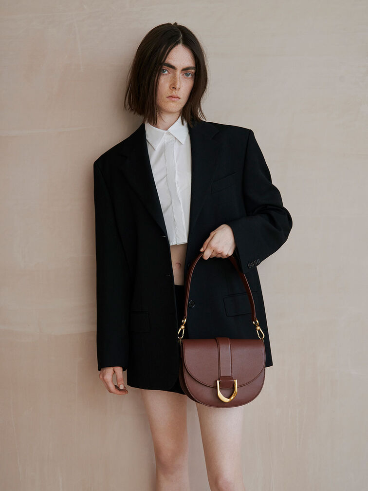 Brown Gabine Leather Saddle Bag​ - CHARLES & KEITH US