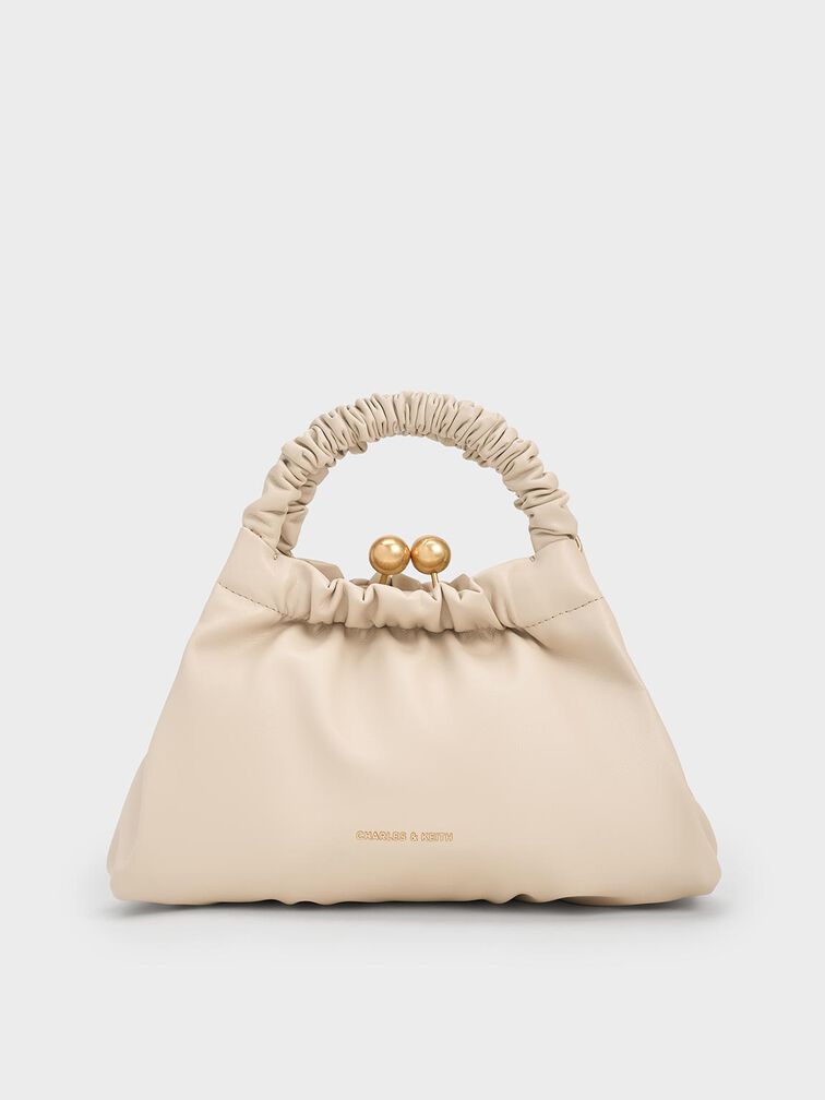 Eve Ruched-Handle Trapeze Bag, Beige, hi-res
