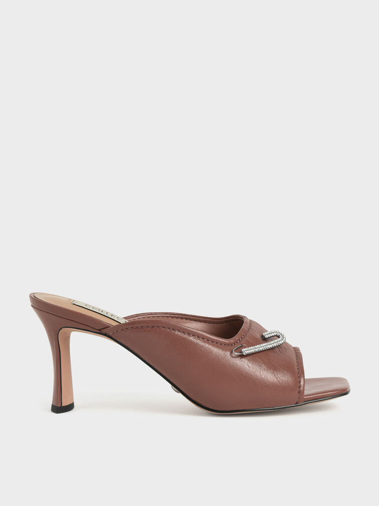 Gem-Embellished Leather Mules, Tan, hi-res