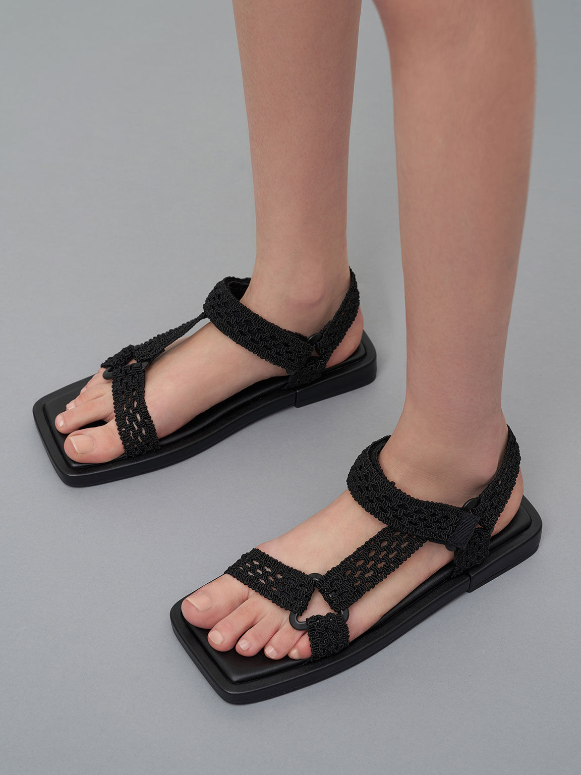 Vina Knitted Square-Toe Sandals, Black, hi-res