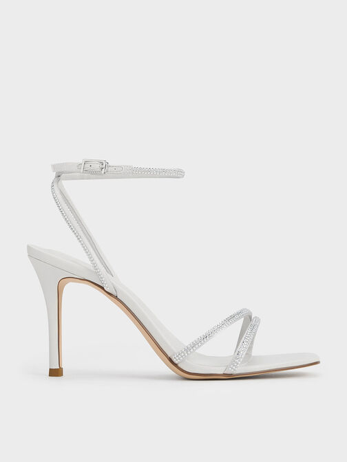 Satin Crystal-Embellished Asymmetric Heeled Sandals, White, hi-res