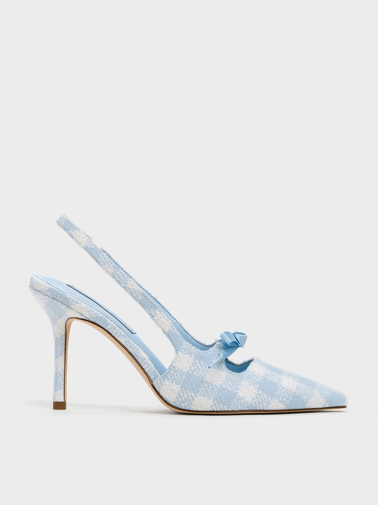 Venetia Gingham Bow Pointed-Toe Slingback Pumps, Light Blue, hi-res