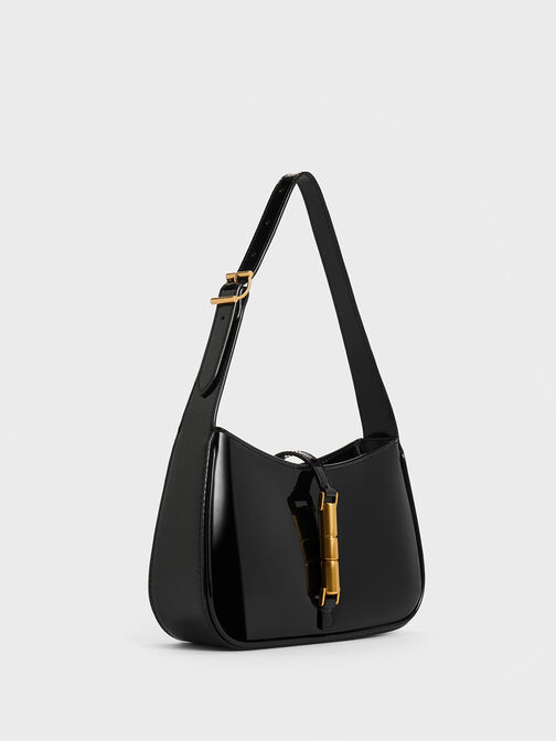 Cesia Patent Metallic Accent Shoulder Bag, Black Patent, hi-res