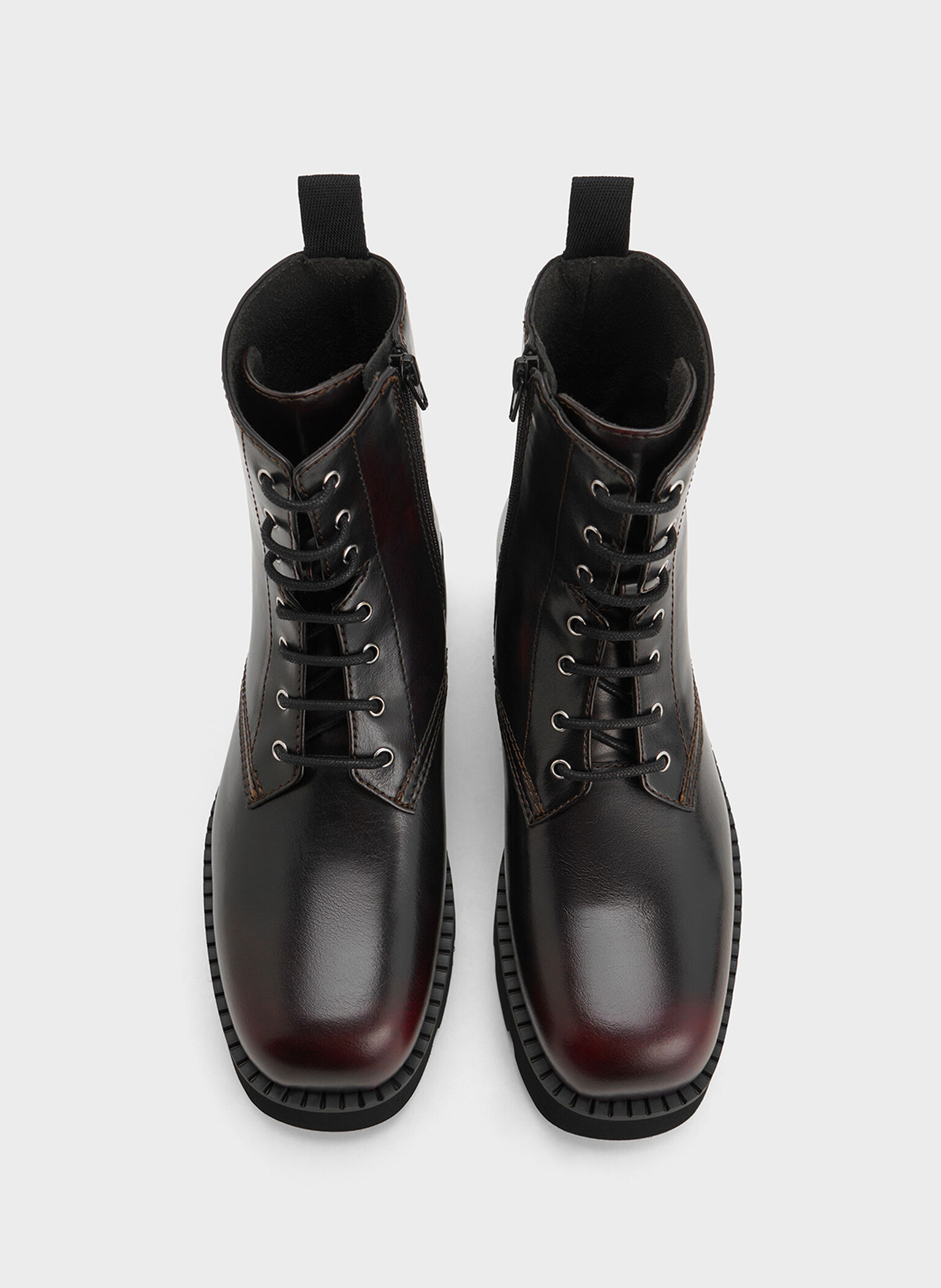 Ridged-Sole Lace-Up Combat Boots, Burgundy, hi-res
