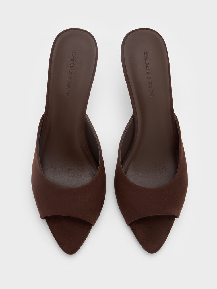 Faux Suede Pointed Peep-Toe Heeled Mules, Dark Brown, hi-res
