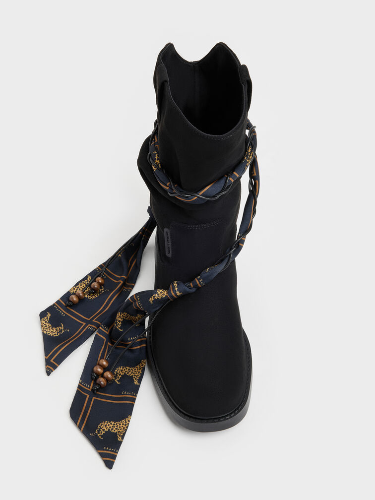 Faux Suede Printed-Scarf Calf Boots, Black Textured, hi-res