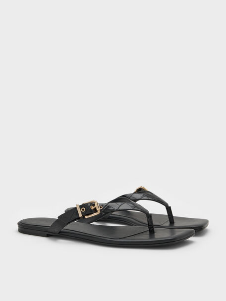 Croc-Effect Buckled Thong Sandals, Animal Print Black, hi-res