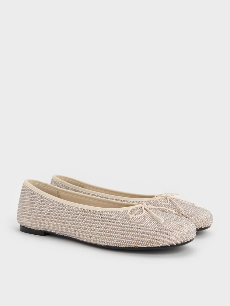 Satin Crystal-Embellished Bow Ballet Flats, Gold, hi-res