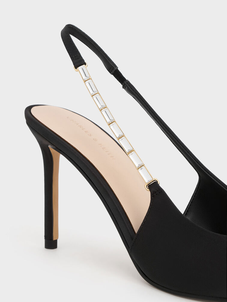 Zapatos de tacón de raso con tiras adornadas y puntera afilada, Negro texturizado, hi-res