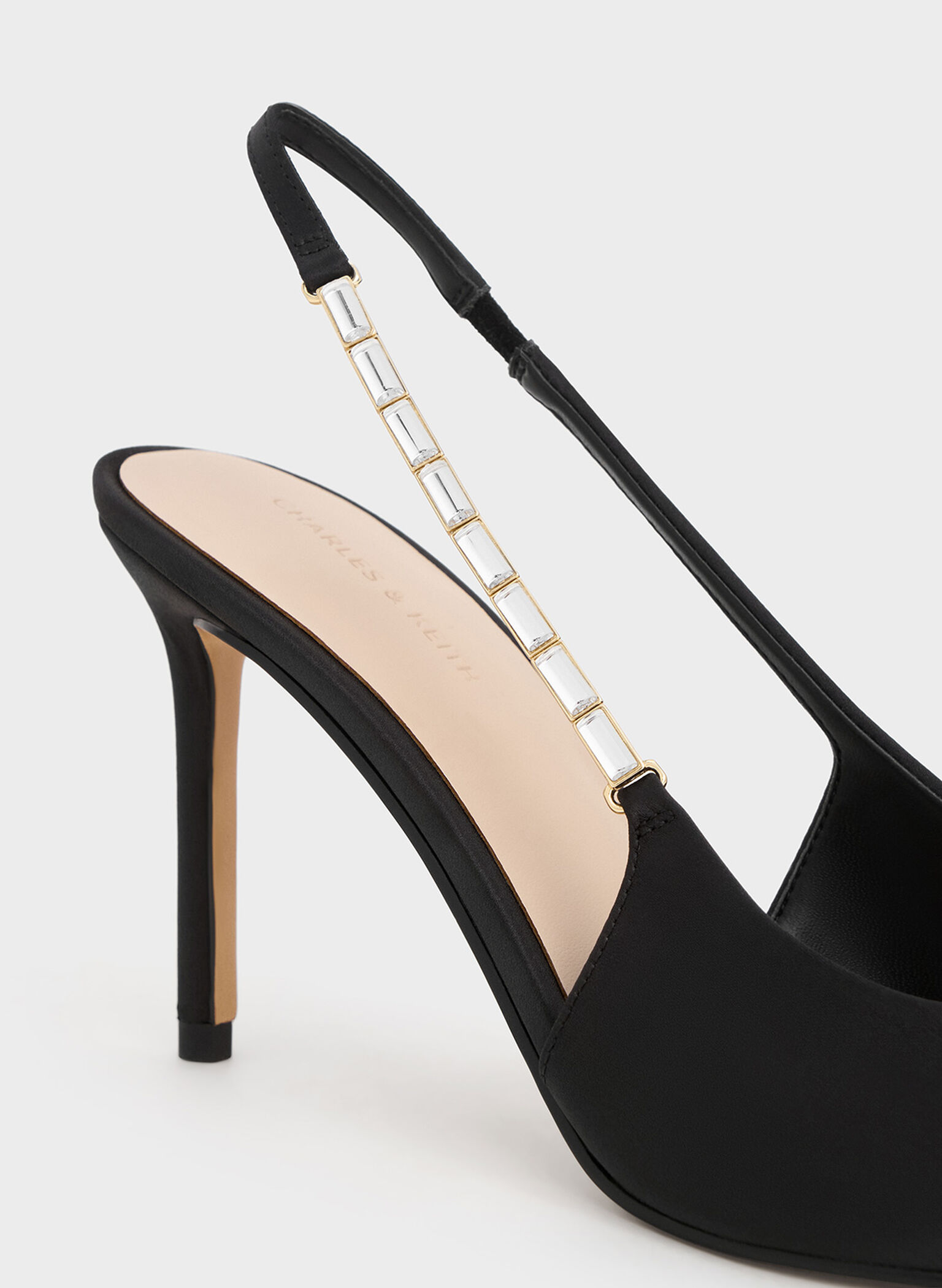 Zapatos de tacón de raso con tiras adornadas y puntera afilada, Negro texturizado, hi-res